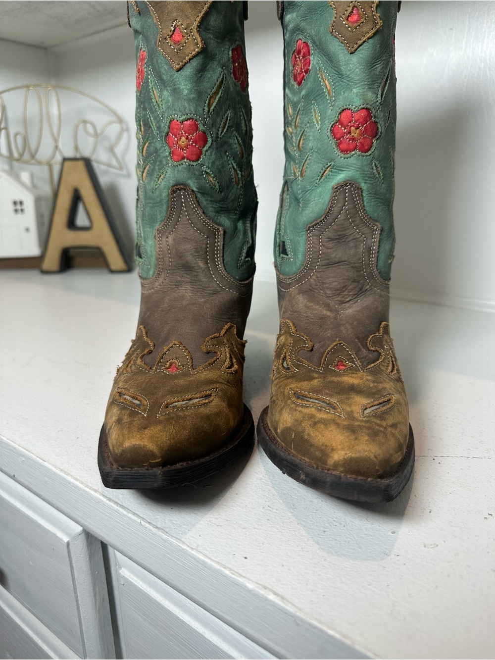 Laredo Women’s Cowboy Boots Size 6.5M Turquoise Teal & Brown Floral Embroidered - Picture 4 of 9